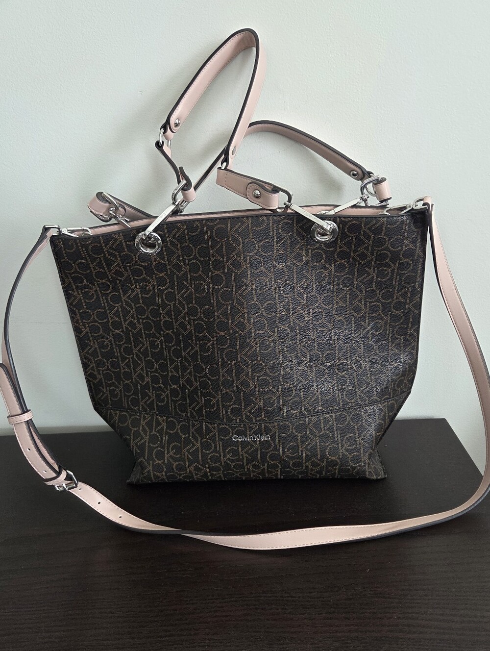 Calvin Klein Brown Logo Tote with Pink Trim and Straps